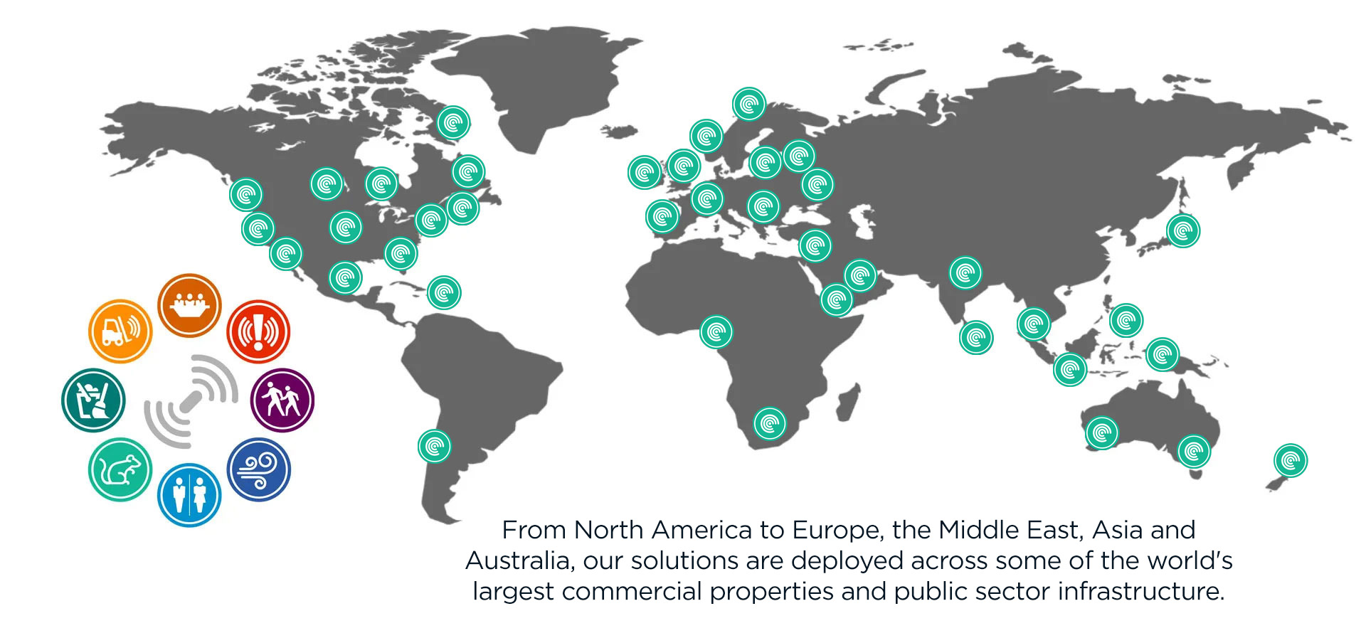 World map with EverSmart product icons showing deployments all over the world